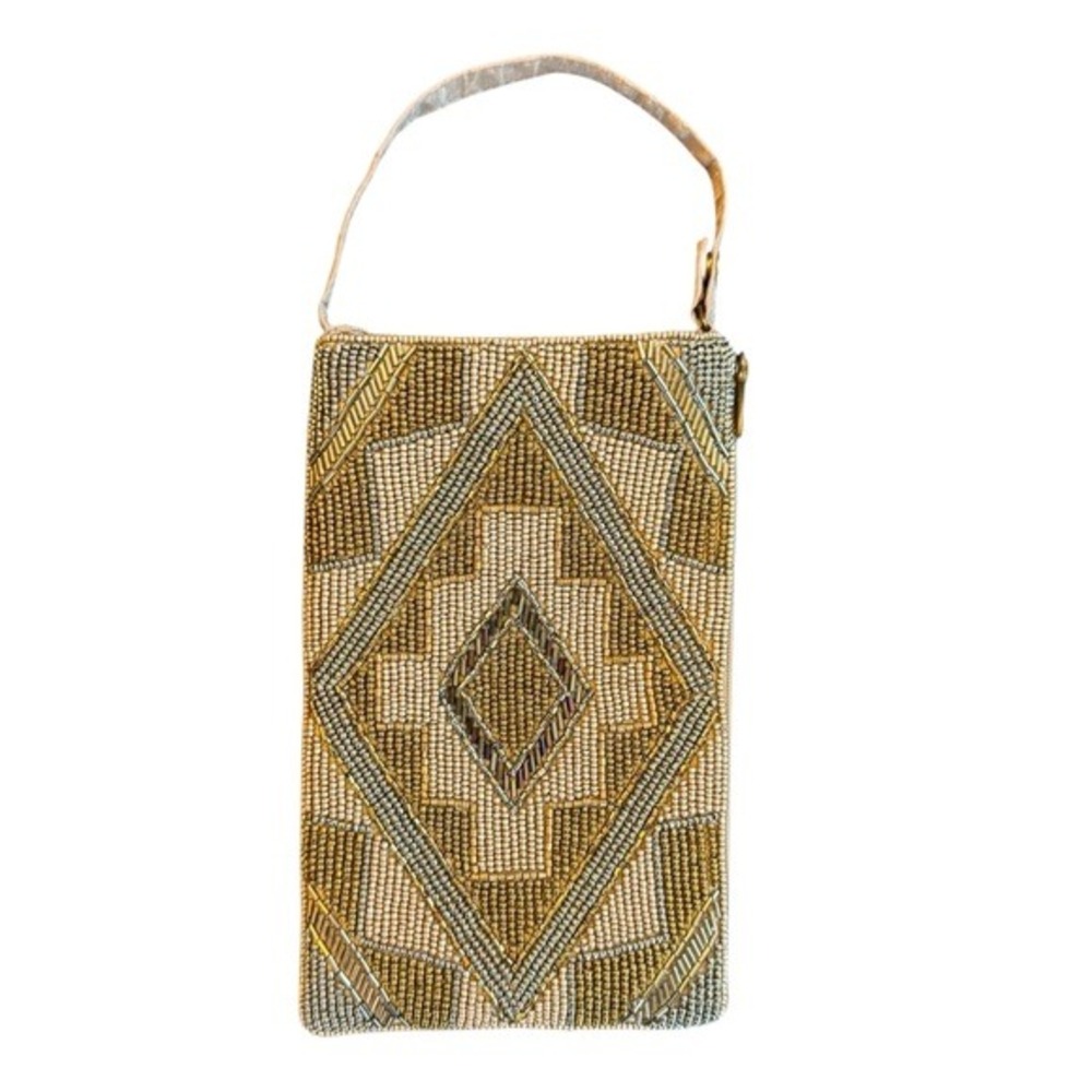 4/$40 Geometric Cream and Gold Beaded Beaded Crossbody or Hand‎ Bag